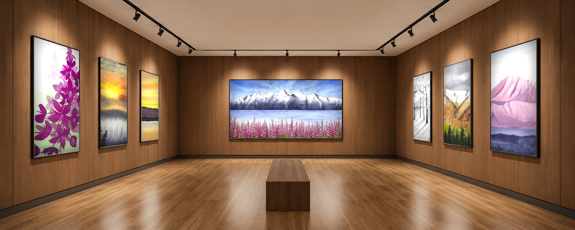 A gallery interior with warm wood walls hung with Andrea Tavenner's watercolor paintings, including Lady Aglow, Denali Blush, Fireweed Fog, and Across the Arm